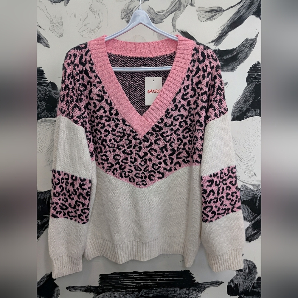 Pink and White Leopard V-Neck Sweater